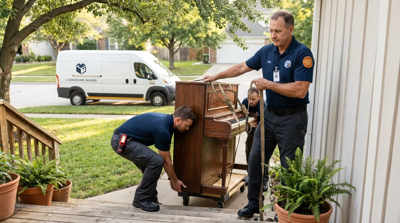 Licensed piano movers securing grand piano in Conneaut, OH