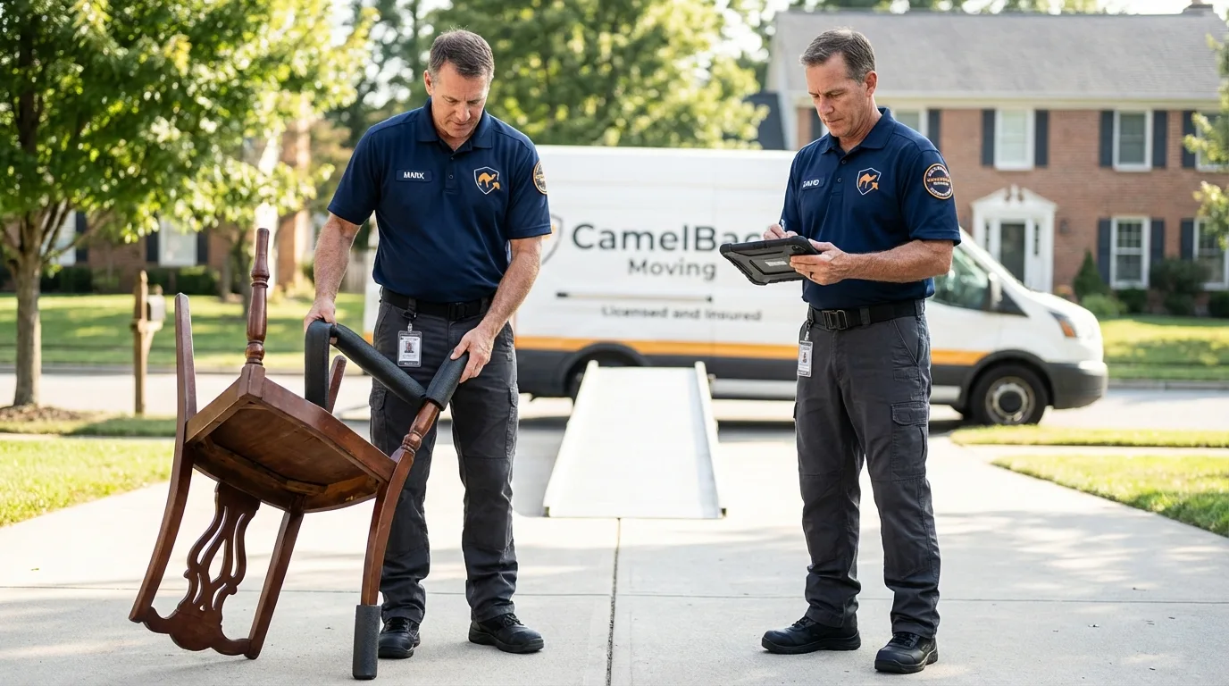 Movers inspecting furniture for damage prevention before loading in Conneaut, OH